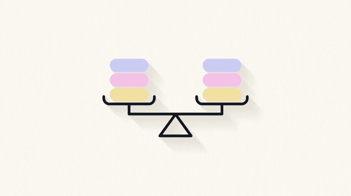A balance scale resting level, with three identical shift bars stacked on each of its pans.
