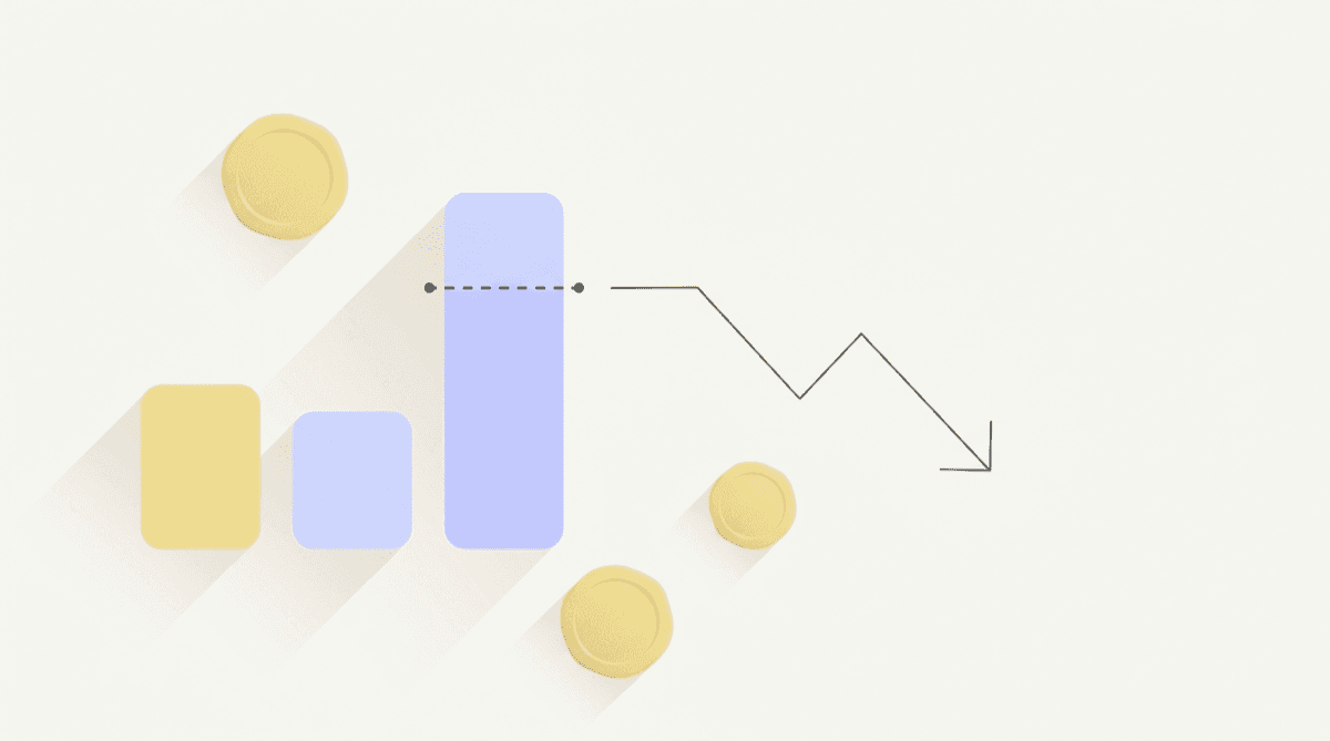Three rising bars beside scattered stacks of coins, with a dashed level line and a jagged line stepping down to an arrow.