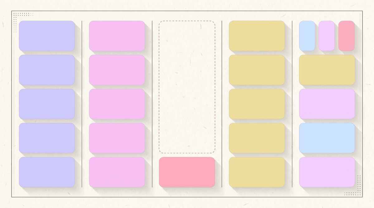 Five columns of stacked shift cards, one column broken by an empty slot outlined in red dashes with a single red card left at its foot.