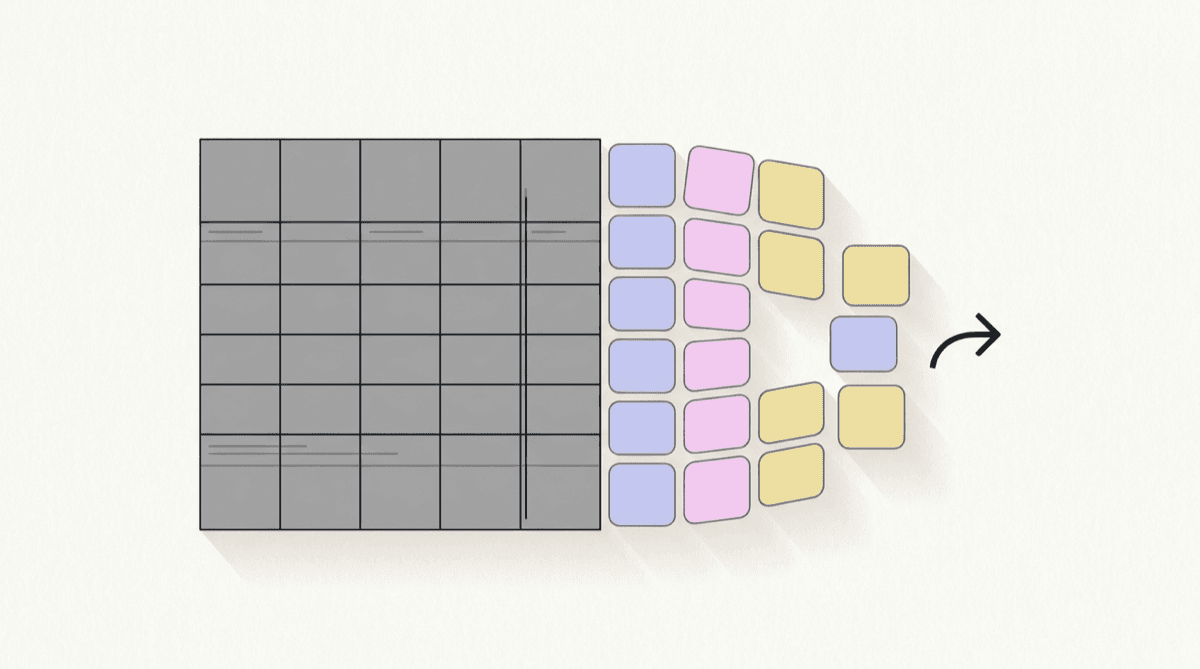 A grey ruled spreadsheet grid on the left breaking apart into loose coloured shift cards that drift to the right toward an arrow.