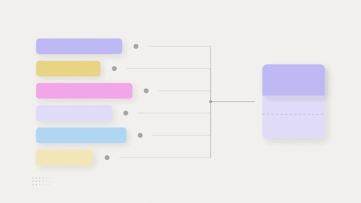 Six timesheet rows on the left joined by connector lines that converge into a single payroll document on the right.