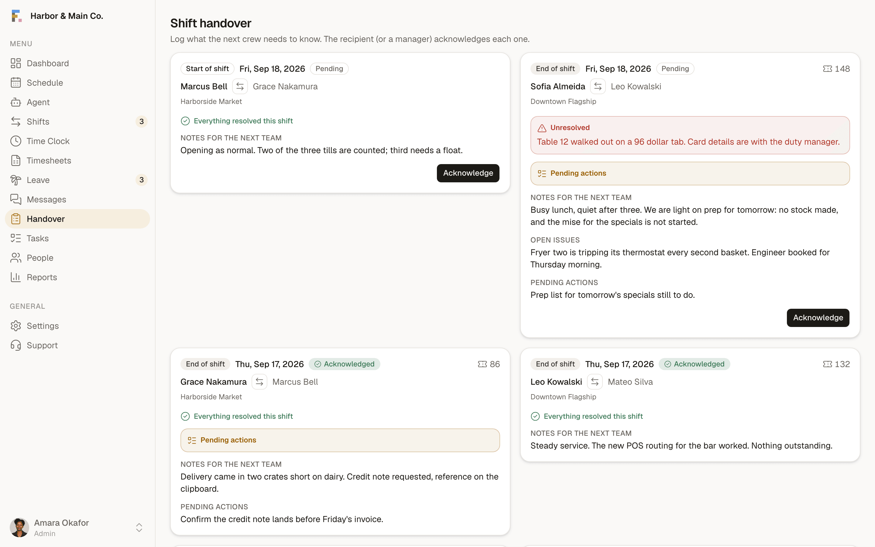 Formclock handover: the notes one shift leaves for the next, with what was read and by whom.