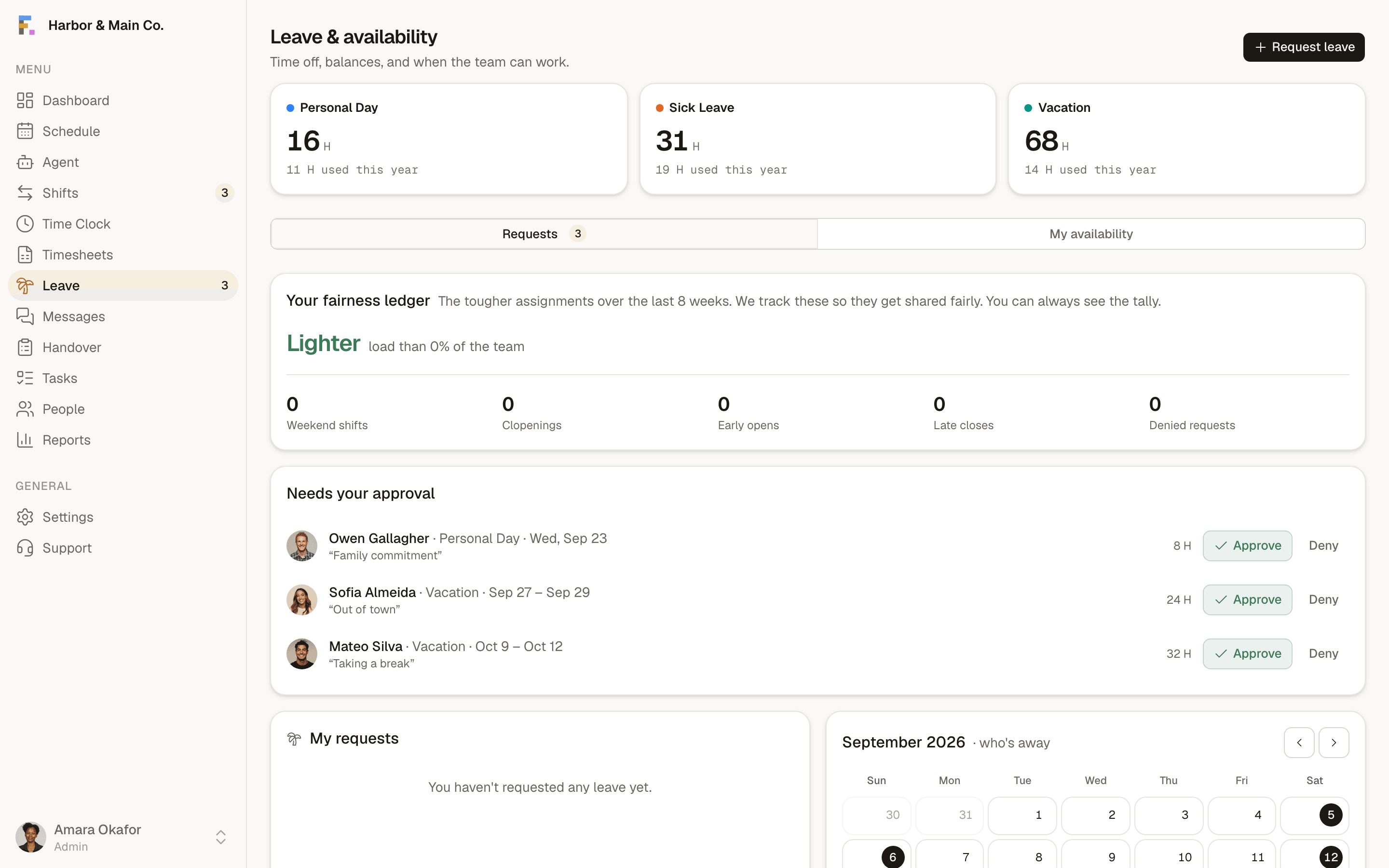 Formclock leave: requests awaiting a decision alongside balances and the team calendar.