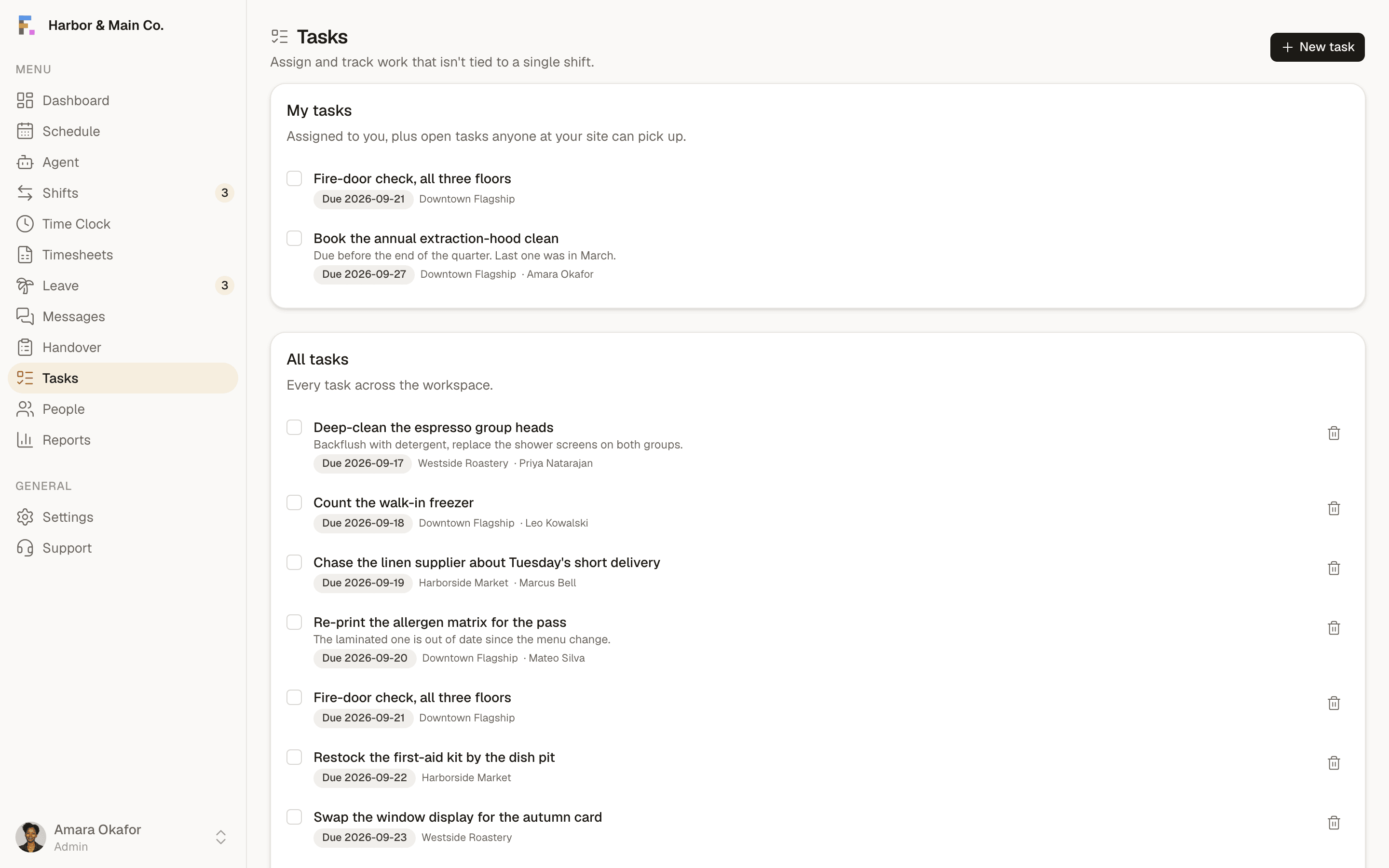 Formclock tasks: the checklist attached to a shift and whether it was completed.