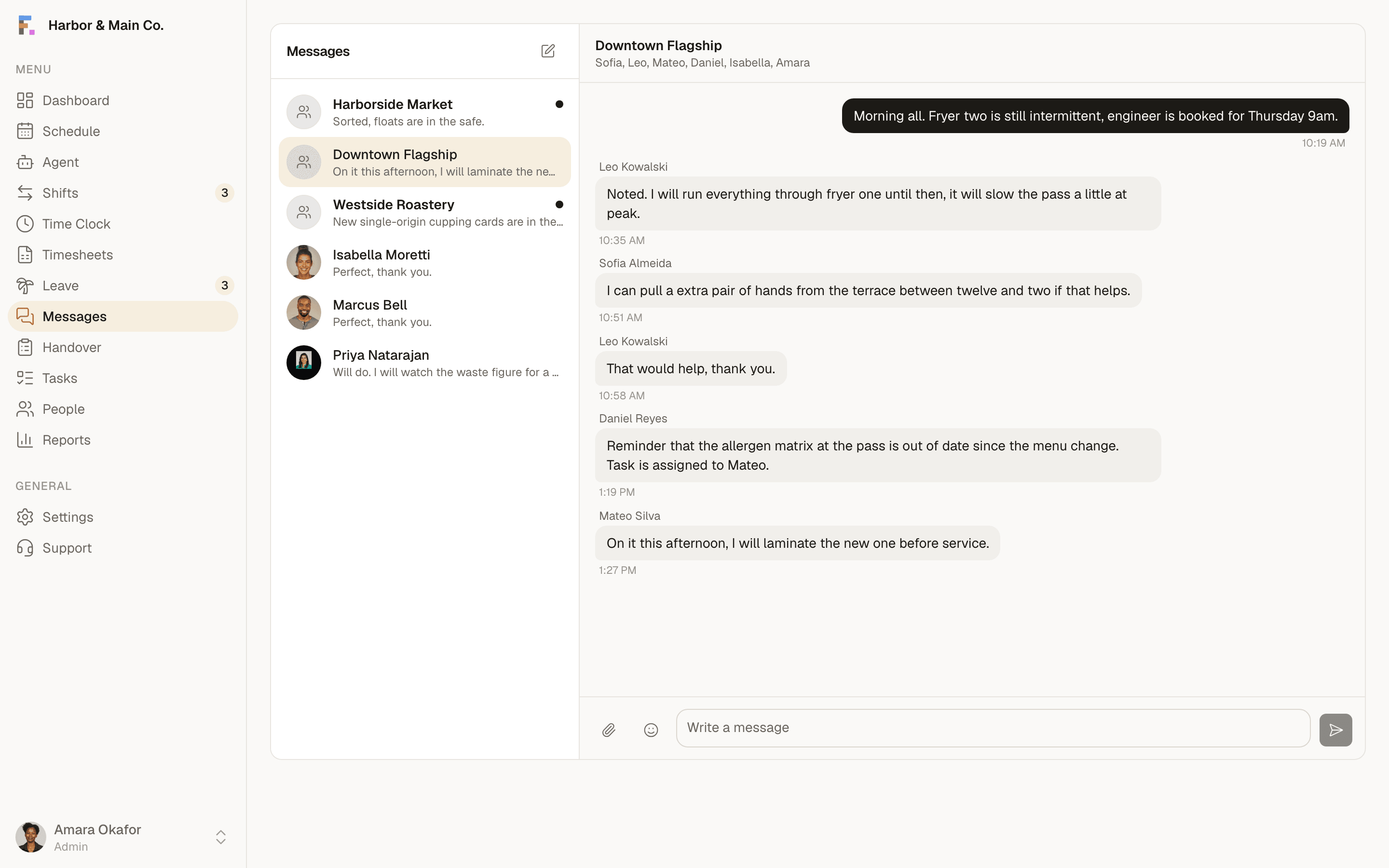 Formclock team messaging: conversations by location and shift, with announcements pinned.