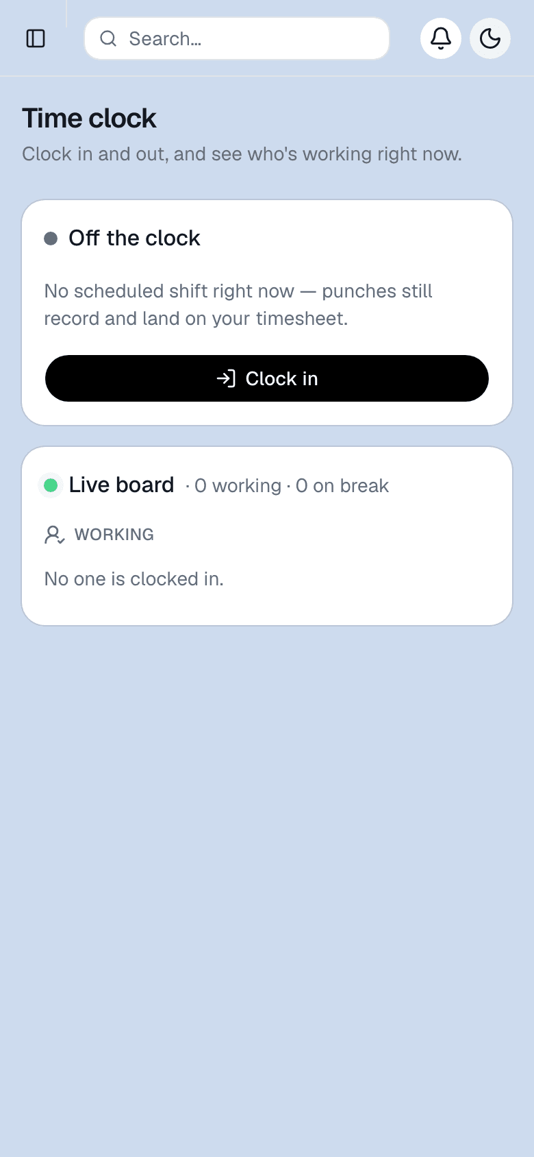 Clocking in on a phone. Formclock's mobile time clock, with today's punches and who is working right now.