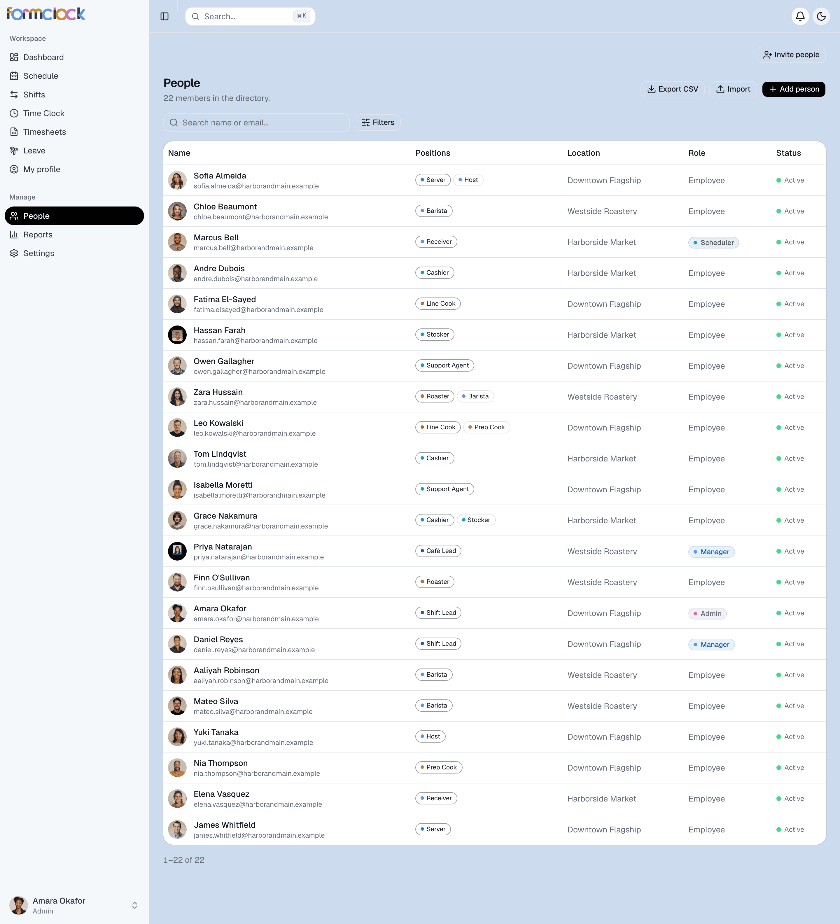 The Formclock people directory, showing the whole team with their positions, locations, roles and status.
